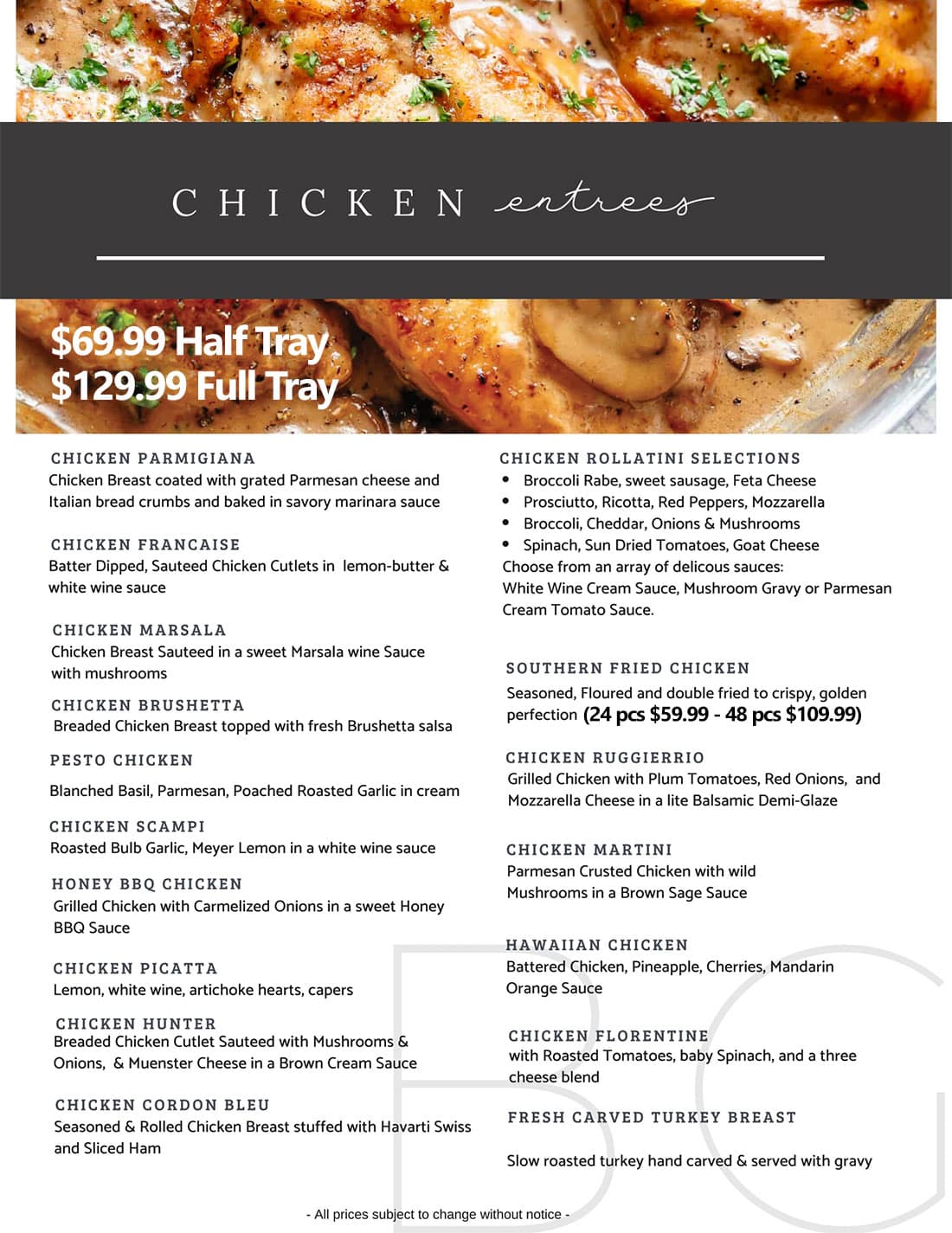 Catering Menu Chicken Entrees