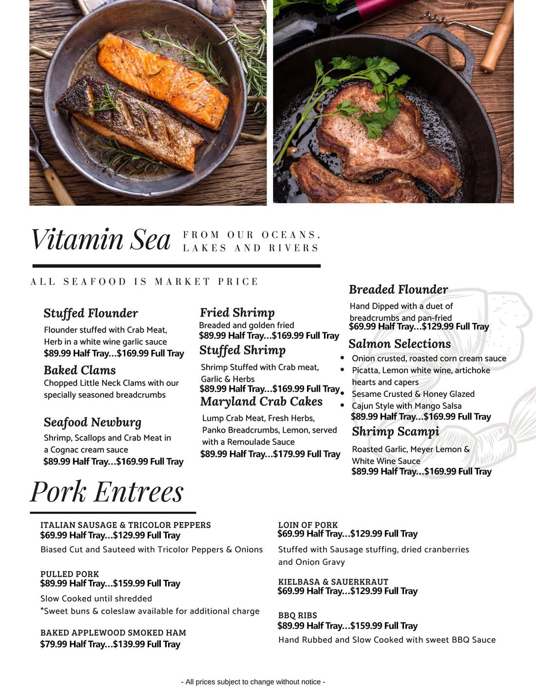 Catering Menu Vitamin Sea and Pork Entrees